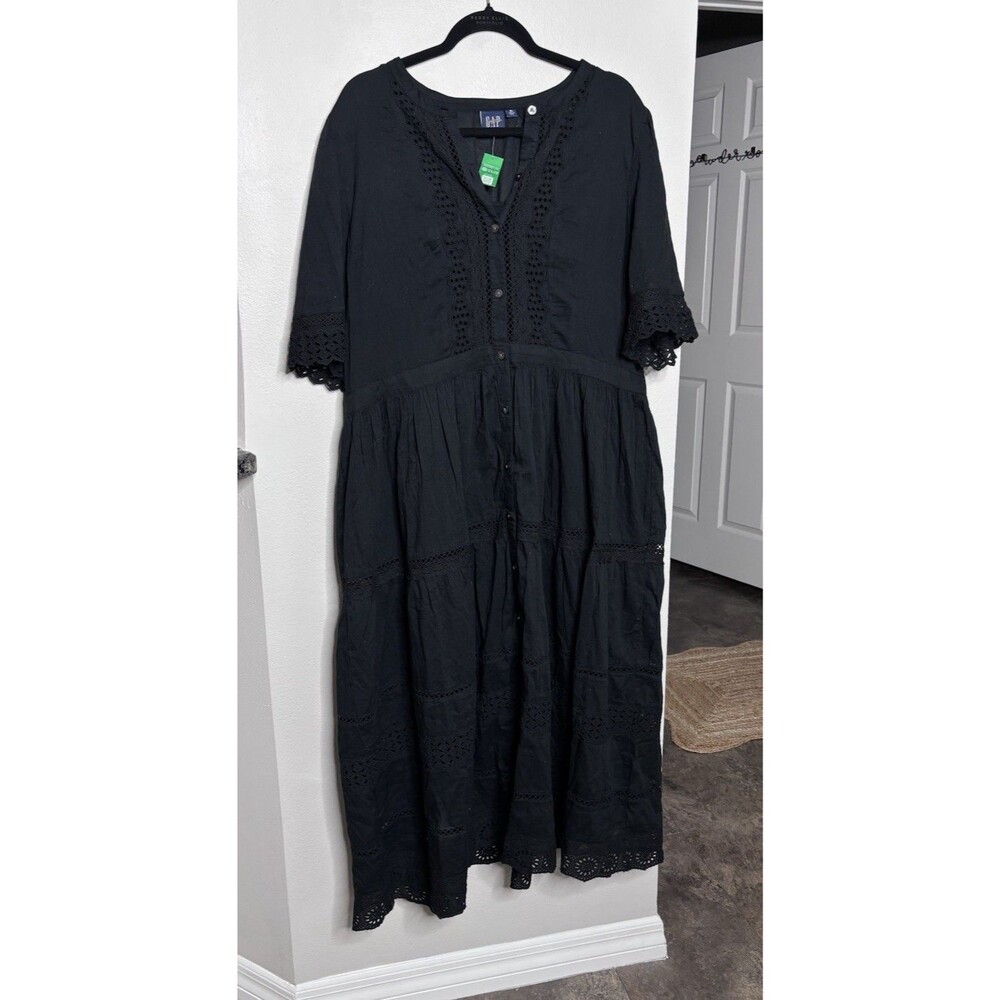 GAP Black Eyelet Lace Tiered Button Front Midi Dress Boho Cottagecore XL  Cotton